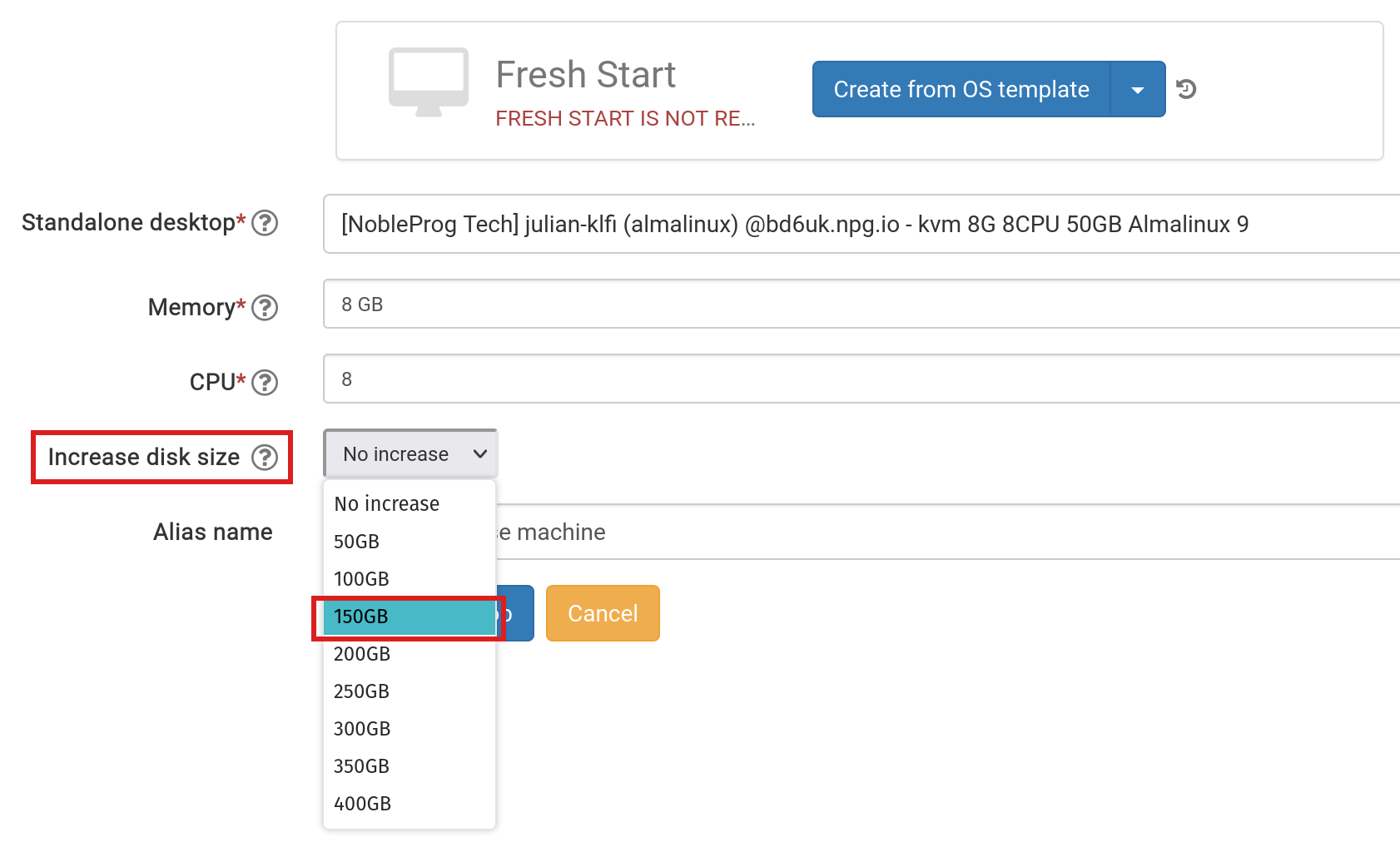 Criar Freshh Start a partir de Standalone, escolher alteração do tamanho do disco