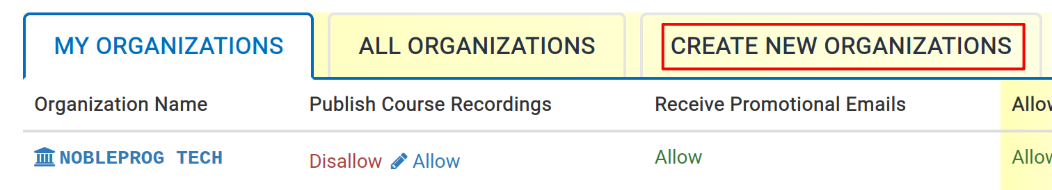 Organization creation screen