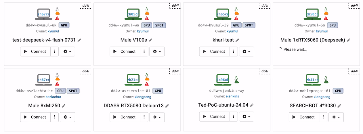 Áreas de trabalho em nuvem habilitadas para GPU listadas no console do DaDesktop